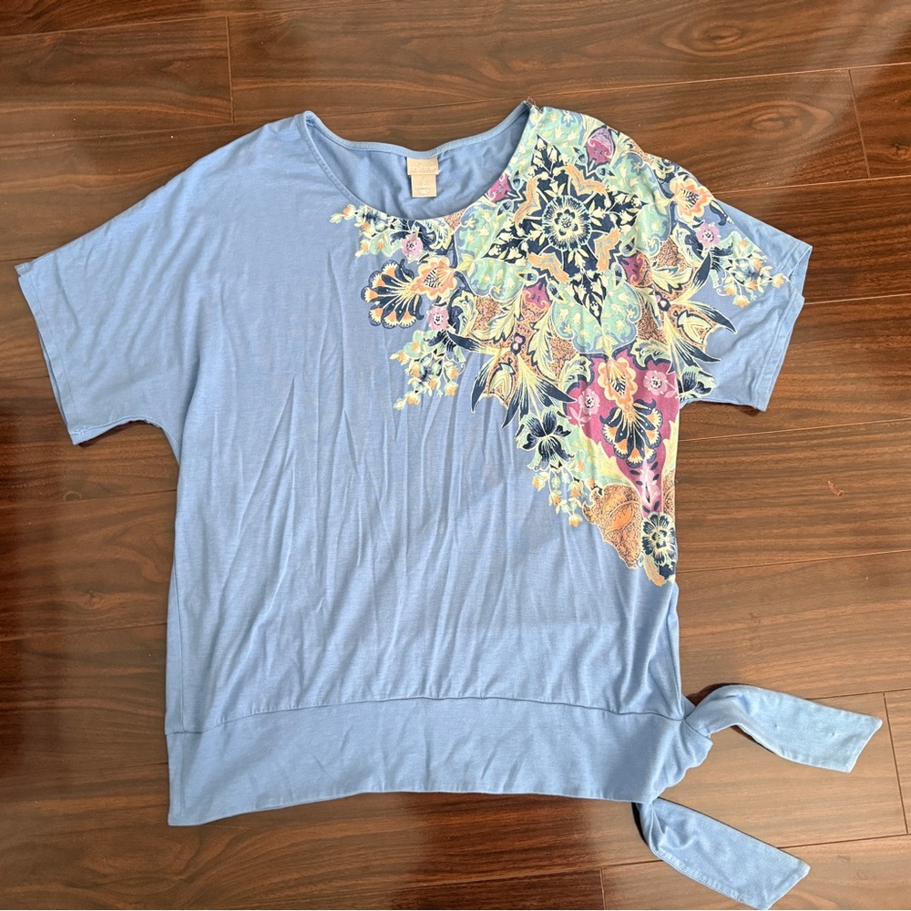 Chicos Sz 3 Blue Tee Top Short Sleeve Front Tie Ocean Ridge